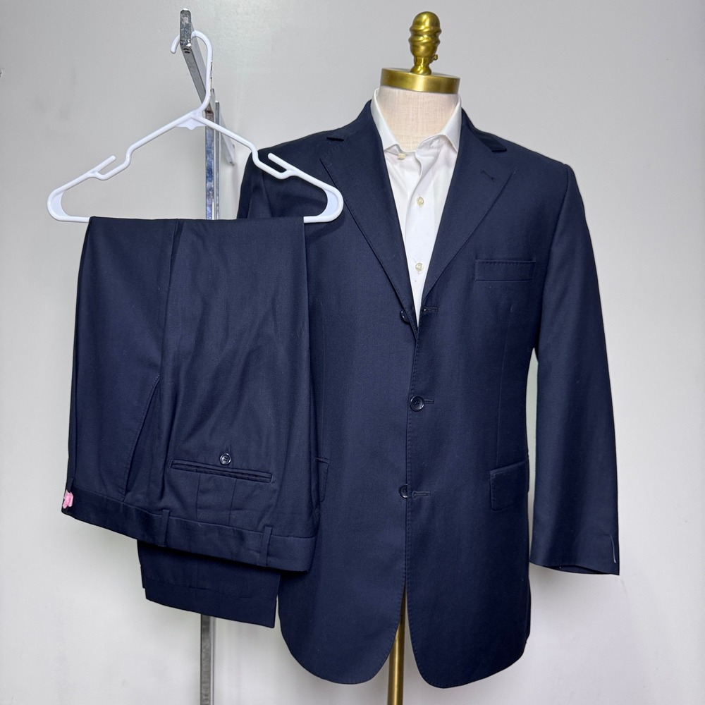 Graff Milano Suit Mens 40R 34x27 Navy Blue Solid Super 120s Wool 3-Button Italy